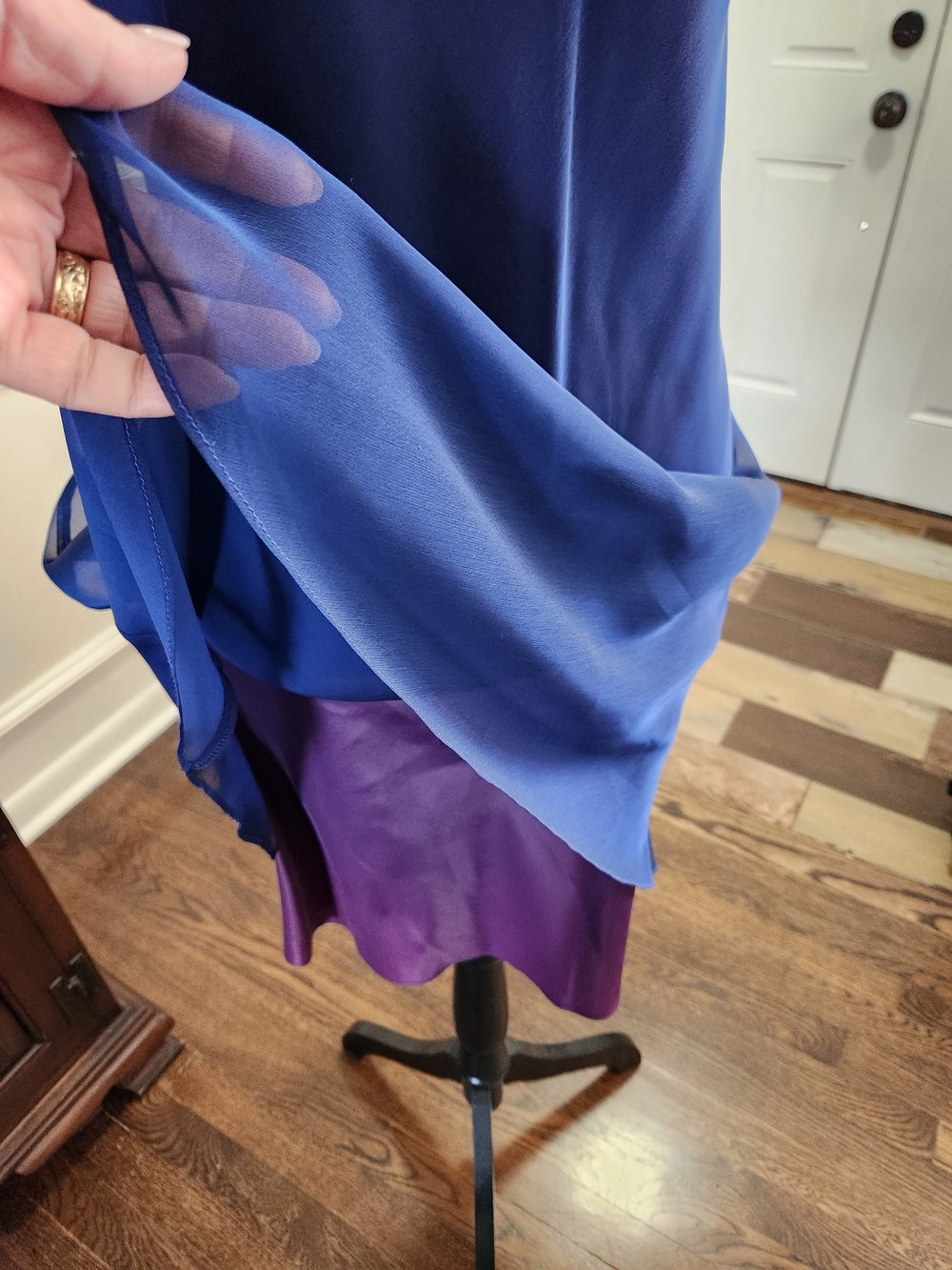 Royal Blue Chiffon Dress With Purple Lining Sleeveless Sheath Dress - Picture 3 of 7